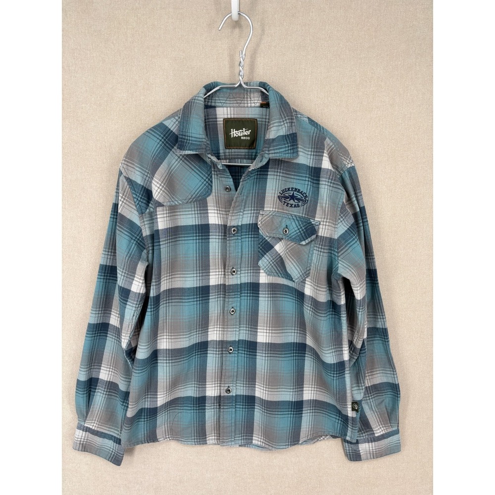 Howler Bros Shirt Mens M Blue Plaid Flannel Luckenbach Texas Button Up